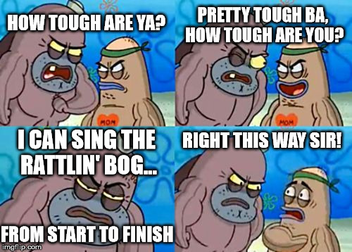 How Tough Are You | PRETTY TOUGH BA, HOW TOUGH ARE YOU? HOW TOUGH ARE YA? RIGHT THIS WAY SIR! I CAN SING THE RATTLIN' BOG... FROM START TO FINISH | image tagged in memes,how tough are you | made w/ Imgflip meme maker