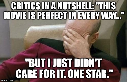 Captain Picard Facepalm | CRITICS IN A NUTSHELL: "THIS MOVIE IS PERFECT IN EVERY WAY..."; "BUT I JUST DIDN'T CARE FOR IT. ONE STAR." | image tagged in memes,captain picard facepalm | made w/ Imgflip meme maker