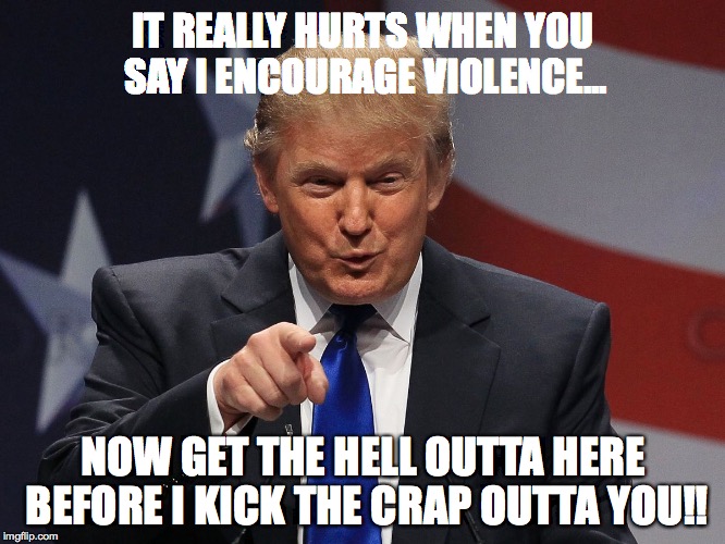 Donald trump | IT REALLY HURTS WHEN YOU SAY I ENCOURAGE VIOLENCE... NOW GET THE HELL OUTTA HERE BEFORE I KICK THE CRAP OUTTA YOU!! | image tagged in donald trump | made w/ Imgflip meme maker