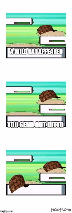 controversial pokemon battle | A WILD HAT APPEARED; YOU SEND OUT DITTO | image tagged in controversial pokemon battle,scumbag | made w/ Imgflip meme maker