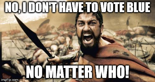 Sparta Leonidas Meme | NO, I DON'T HAVE TO VOTE BLUE; NO MATTER WHO! | image tagged in memes,sparta leonidas | made w/ Imgflip meme maker