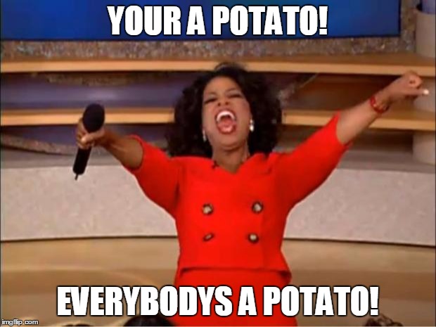 Oprah You Get A | YOUR A POTATO! EVERYBODYS A POTATO! | image tagged in memes,oprah you get a | made w/ Imgflip meme maker