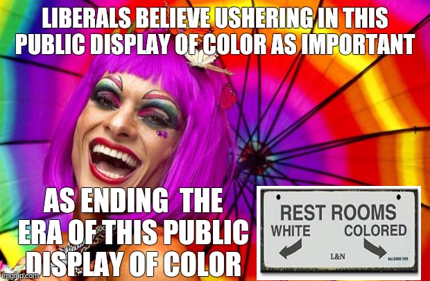 gay pride | LIBERALS BELIEVE USHERING IN THIS PUBLIC DISPLAY OF COLOR AS IMPORTANT; AS ENDING  THE ERA OF THIS PUBLIC DISPLAY OF COLOR | image tagged in gay pride | made w/ Imgflip meme maker