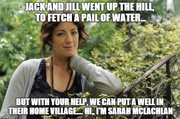 jack and jill | JACK AND JILL WENT UP THE HILL, TO FETCH A PAIL OF WATER... BUT WITH YOUR HELP, WE CAN PUT A WELL IN THEIR HOME VILLAGE.... HI,, I'M SARAH MCLACHLAN | image tagged in meme,sarah mclachlan,nursery rhymes | made w/ Imgflip meme maker