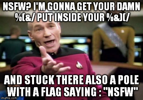 Now i believe this is NSFW. :) | NSFW? I'M GONNA GET YOUR DAMN %(&/ PUT INSIDE YOUR %&)(/; AND STUCK THERE ALSO A POLE WITH A FLAG SAYING : "NSFW" | image tagged in memes,picard wtf | made w/ Imgflip meme maker