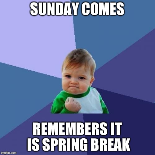 Success Kid Meme | SUNDAY COMES; REMEMBERS IT IS SPRING BREAK | image tagged in memes,success kid | made w/ Imgflip meme maker