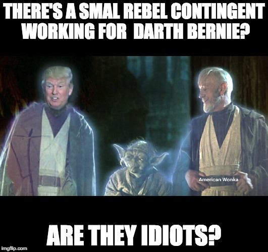 Trump Jedi | THERE'S A SMAL REBEL CONTINGENT WORKING FOR  DARTH BERNIE? ARE THEY IDIOTS? | image tagged in trump jedi | made w/ Imgflip meme maker