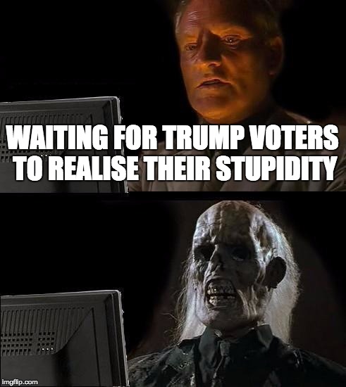 I'll Just Wait Here Meme | WAITING FOR TRUMP VOTERS TO REALISE THEIR STUPIDITY | image tagged in memes,ill just wait here | made w/ Imgflip meme maker
