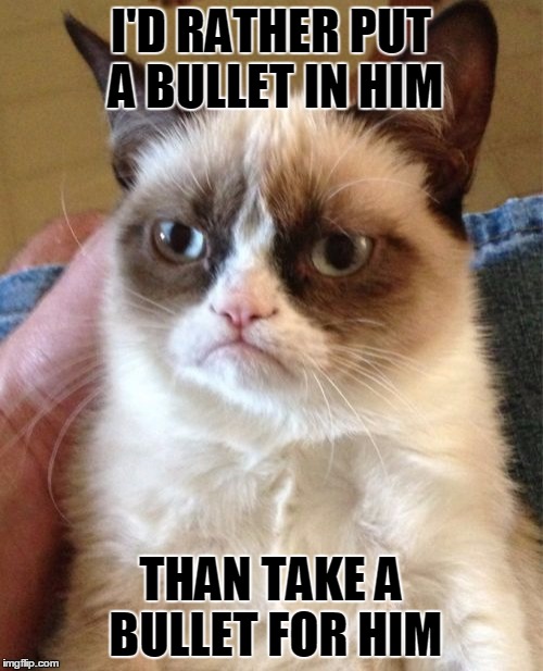 Grumpy Cat Meme | I'D RATHER PUT A BULLET IN HIM THAN TAKE A BULLET FOR HIM | image tagged in memes,grumpy cat | made w/ Imgflip meme maker