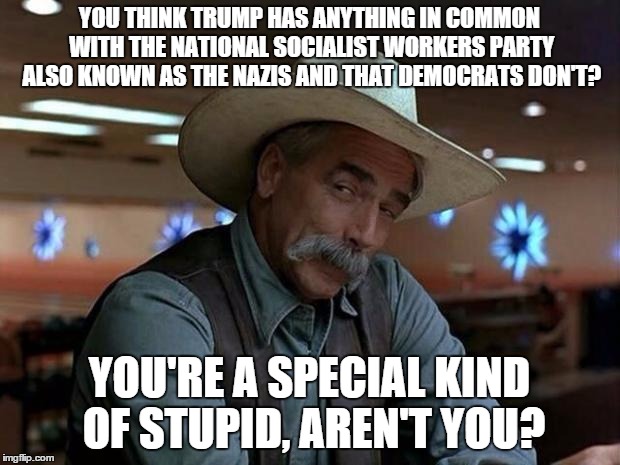 special kind of stupid | YOU THINK TRUMP HAS ANYTHING IN COMMON WITH THE NATIONAL SOCIALIST WORKERS PARTY ALSO KNOWN AS THE NAZIS AND THAT DEMOCRATS DON'T? YOU'RE A SPECIAL KIND OF STUPID, AREN'T YOU? | image tagged in special kind of stupid | made w/ Imgflip meme maker
