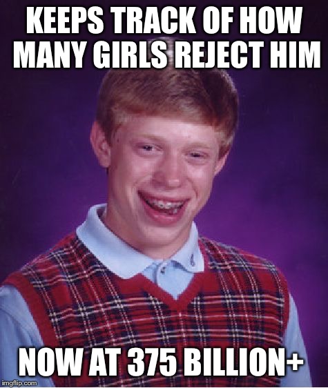 The final tally is | KEEPS TRACK OF HOW MANY GIRLS REJECT HIM; NOW AT 375 BILLION+ | image tagged in memes,bad luck brian | made w/ Imgflip meme maker