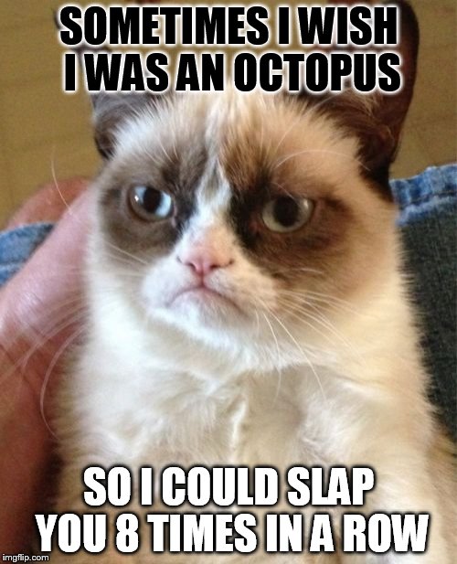 grumpy cat octopus |  SOMETIMES I WISH I WAS AN OCTOPUS; SO I COULD SLAP YOU 8 TIMES IN A ROW | image tagged in memes,grumpy cat | made w/ Imgflip meme maker