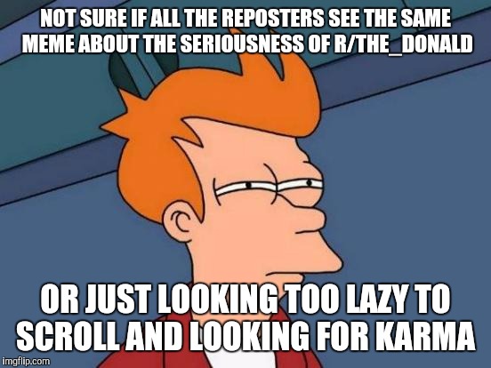 Futurama Fry | NOT SURE IF ALL THE REPOSTERS SEE THE SAME MEME ABOUT THE SERIOUSNESS OF R/THE_DONALD; OR JUST LOOKING TOO LAZY TO SCROLL AND LOOKING FOR KARMA | image tagged in memes,futurama fry | made w/ Imgflip meme maker