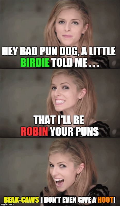 HEY BAD PUN DOG, A LITTLE BIRDIE TOLD ME . . . BEAK-CAWS I DON'T EVEN GIVE A HOOT! THAT I'LL BE ROBIN YOUR PUNS BIRDIE ROBIN BEAK-CAWS HOOT | made w/ Imgflip meme maker