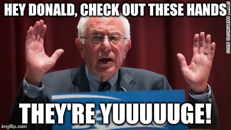 HEY DONALD, CHECK OUT THESE HANDS; THEY'RE YUUUUUGE! | image tagged in bernie sanders | made w/ Imgflip meme maker