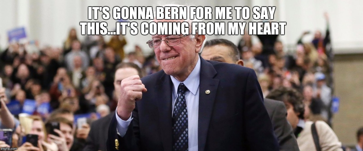 IT'S GONNA BERN FOR ME TO SAY THIS...IT'S COMING FROM MY HEART | image tagged in bernie sanders | made w/ Imgflip meme maker