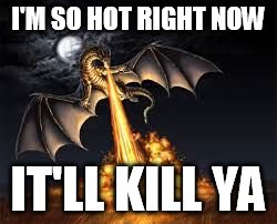 Dragons win | I'M SO HOT RIGHT NOW; IT'LL KILL YA | image tagged in dragons win | made w/ Imgflip meme maker