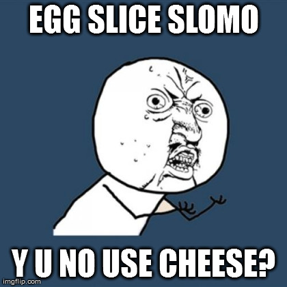 Y U No Meme | EGG SLICE SLOMO Y U NO USE CHEESE? | image tagged in memes,y u no | made w/ Imgflip meme maker