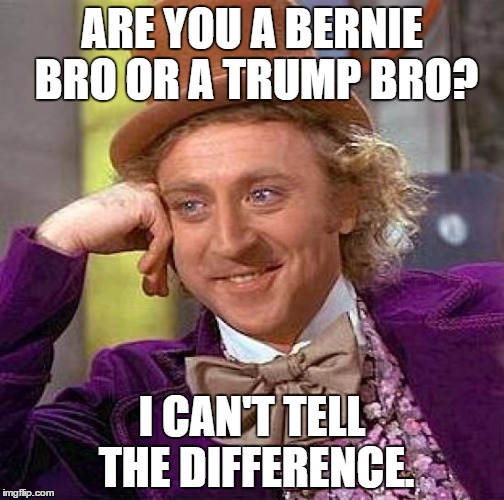 Creepy Condescending Wonka | ARE YOU A BERNIE BRO OR A TRUMP BRO? I CAN'T TELL THE DIFFERENCE. | image tagged in memes,creepy condescending wonka | made w/ Imgflip meme maker
