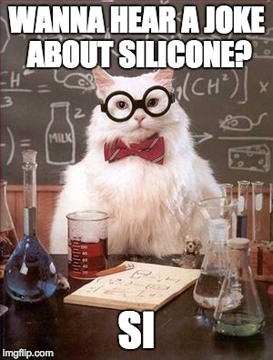 Science Cat Good Day | WANNA HEAR A JOKE ABOUT SILICONE? SI | image tagged in science cat good day | made w/ Imgflip meme maker