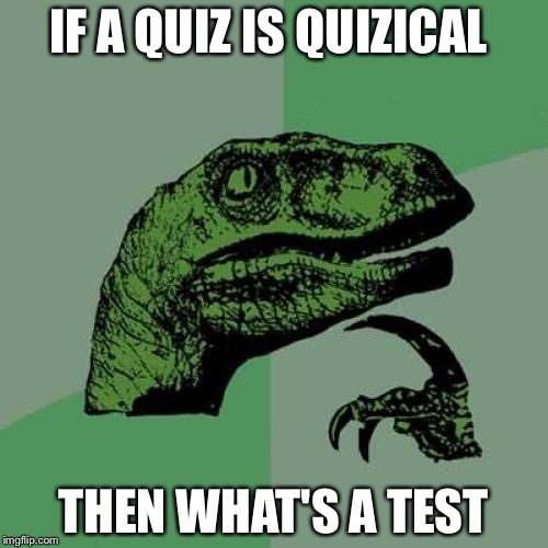 Philosoraptor | IF A QUIZ IS QUIZICAL; THEN WHAT'S A TEST | image tagged in memes,philosoraptor | made w/ Imgflip meme maker