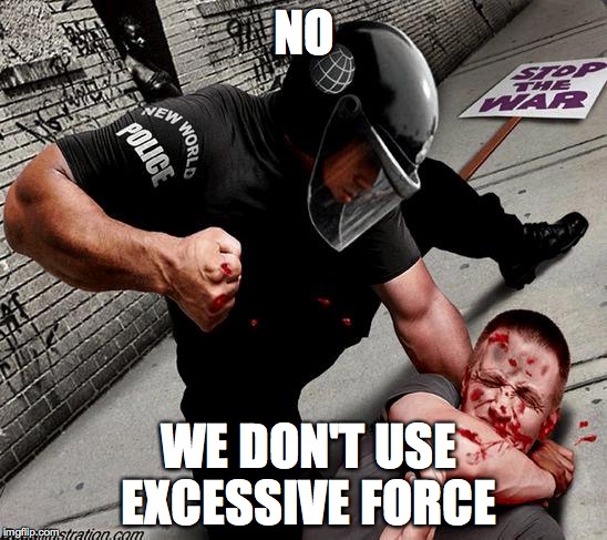 police state | NO; WE DON'T USE EXCESSIVE FORCE | image tagged in police state | made w/ Imgflip meme maker