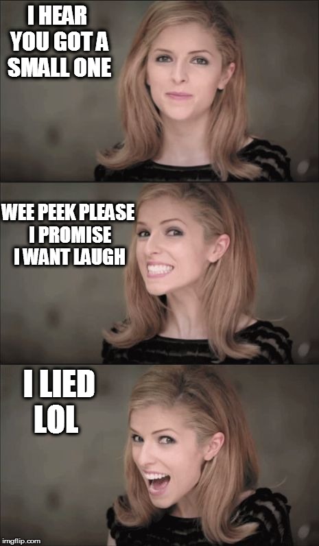 Bad Pun Anna Kendrick | I HEAR YOU GOT A SMALL ONE; WEE PEEK PLEASE I PROMISE I WANT LAUGH; I LIED LOL | image tagged in bad pun anna kendrick | made w/ Imgflip meme maker
