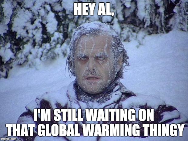 Jack Nicholson The Shining Snow Meme | HEY AL, I'M STILL WAITING ON THAT GLOBAL WARMING THINGY | image tagged in memes,jack nicholson the shining snow | made w/ Imgflip meme maker