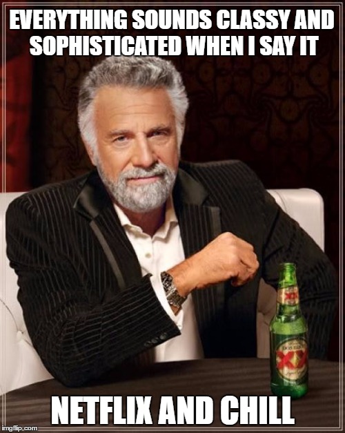 The Most Interesting Man In The World Meme | EVERYTHING SOUNDS CLASSY AND SOPHISTICATED WHEN I SAY IT; NETFLIX AND CHILL | image tagged in memes,the most interesting man in the world,netflix,netflix and chill | made w/ Imgflip meme maker