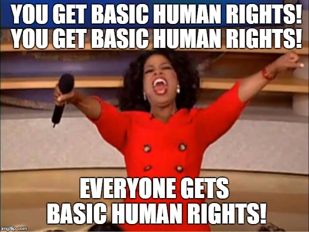 Oprah You Get A Meme | YOU GET BASIC HUMAN RIGHTS! YOU GET BASIC HUMAN RIGHTS! EVERYONE GETS BASIC HUMAN RIGHTS! | image tagged in memes,oprah you get a | made w/ Imgflip meme maker