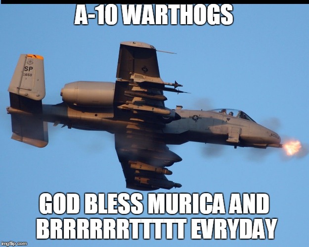 A-10 warthog firing |  A-10 WARTHOGS; GOD BLESS MURICA AND BRRRRRRTTTTT EVRYDAY | image tagged in a-10 warthog firing | made w/ Imgflip meme maker