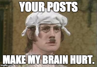 Monty Python brain hurt | YOUR POSTS; MAKE MY BRAIN HURT. | image tagged in monty python brain hurt | made w/ Imgflip meme maker