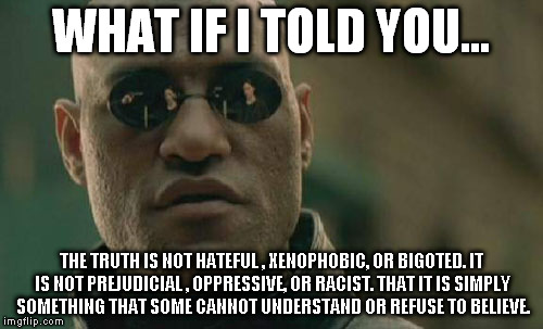 Matrix Morpheus | WHAT IF I TOLD YOU... THE TRUTH IS NOT HATEFUL , XENOPHOBIC, OR BIGOTED. IT IS NOT PREJUDICIAL , OPPRESSIVE, OR RACIST. THAT IT IS SIMPLY SOMETHING THAT SOME CANNOT UNDERSTAND OR REFUSE TO BELIEVE. | image tagged in memes,matrix morpheus | made w/ Imgflip meme maker