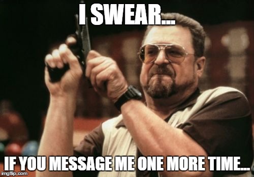 Am I The Only One Around Here Meme | I SWEAR... IF YOU MESSAGE ME ONE MORE TIME... | image tagged in memes,am i the only one around here | made w/ Imgflip meme maker