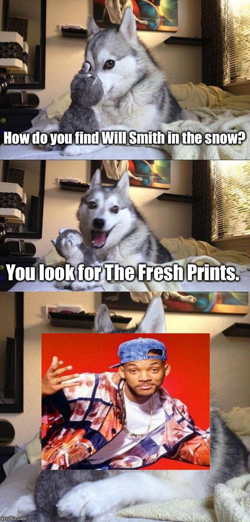 Bad Pun Dog | How do you find Will Smith in the snow? You look for The Fresh Prints. | image tagged in memes,bad pun dog | made w/ Imgflip meme maker