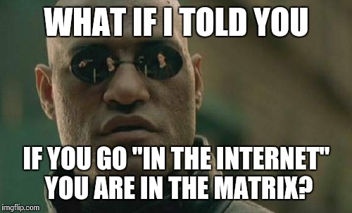 Matrix Morpheus Meme | WHAT IF I TOLD YOU IF YOU GO "IN THE INTERNET" YOU ARE IN THE MATRIX? | image tagged in memes,matrix morpheus | made w/ Imgflip meme maker