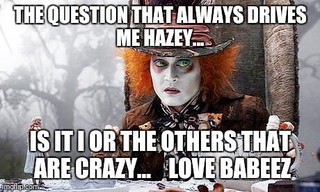 Mad Hatter  | THE QUESTION THAT ALWAYS
DRIVES ME HAZEY... IS IT I OR THE OTHERS THAT ARE CRAZY...   
LOVE BABEEZ | image tagged in mad hatter | made w/ Imgflip meme maker