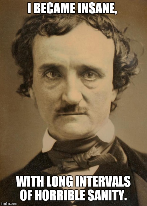 Edgar Allan Poe | I BECAME INSANE, WITH LONG INTERVALS OF HORRIBLE SANITY. | image tagged in edgar allan poe large,insanity,quotes,sanity,meme | made w/ Imgflip meme maker