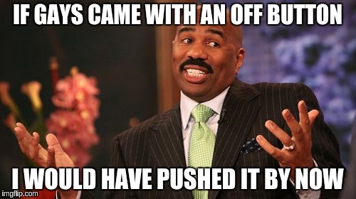 IF GAYS CAME WITH AN OFF BUTTON; I WOULD HAVE PUSHED IT BY NOW | image tagged in memes,steve harvey | made w/ Imgflip meme maker