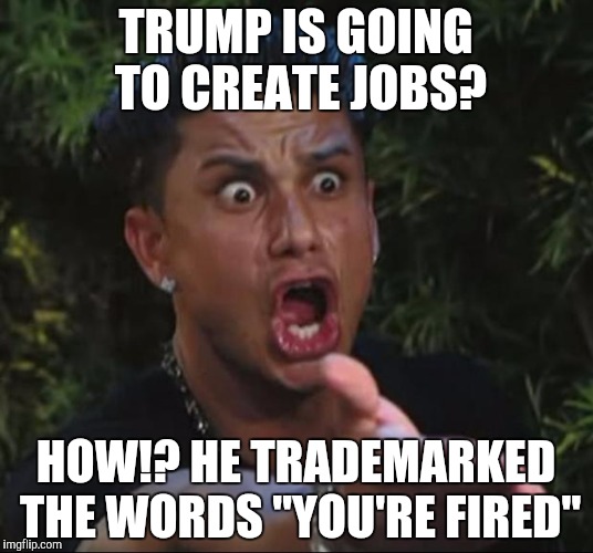 DJ Pauly D Meme | TRUMP IS GOING TO CREATE JOBS? HOW!? HE TRADEMARKED THE WORDS "YOU'RE FIRED" | image tagged in memes,dj pauly d | made w/ Imgflip meme maker