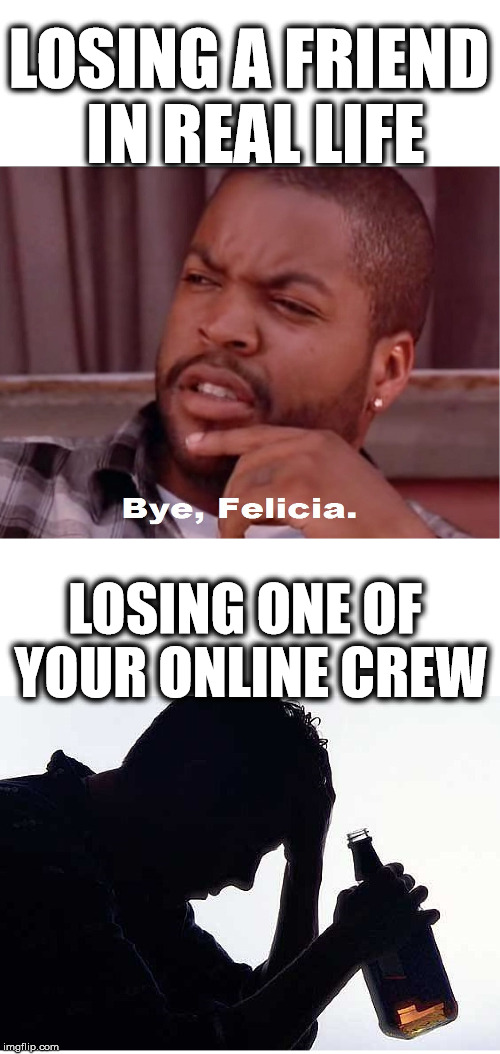 LOSING A FRIEND IN REAL LIFE; LOSING ONE OF YOUR ONLINE CREW | image tagged in irl vs online | made w/ Imgflip meme maker