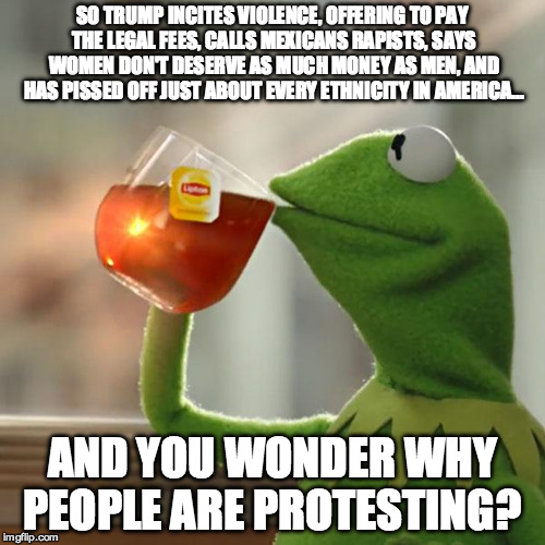 But That's None Of My Business Meme | SO TRUMP INCITES VIOLENCE, OFFERING TO PAY THE LEGAL FEES, CALLS MEXICANS RAPISTS, SAYS WOMEN DON'T DESERVE AS MUCH MONEY AS MEN, AND HAS PI | image tagged in memes,but thats none of my business,kermit the frog | made w/ Imgflip meme maker