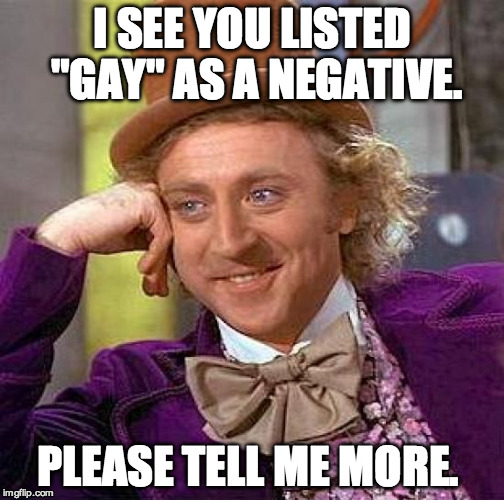 Creepy Condescending Wonka Meme | I SEE YOU LISTED "GAY" AS A NEGATIVE. PLEASE TELL ME MORE. | image tagged in memes,creepy condescending wonka | made w/ Imgflip meme maker