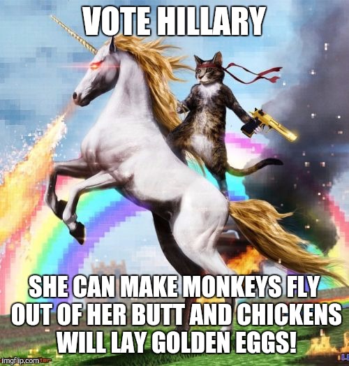 Welcome To The Internets Meme | VOTE HILLARY; SHE CAN MAKE MONKEYS FLY OUT OF HER BUTT AND CHICKENS WILL LAY GOLDEN EGGS! | image tagged in memes,welcome to the internets | made w/ Imgflip meme maker