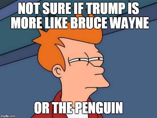 Futurama Fry Meme | NOT SURE IF TRUMP IS MORE LIKE BRUCE WAYNE OR THE PENGUIN | image tagged in memes,futurama fry | made w/ Imgflip meme maker