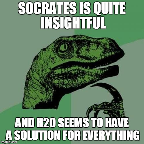 Philosoraptor Meme | SOCRATES IS QUITE INSIGHTFUL AND H2O SEEMS TO HAVE A SOLUTION FOR EVERYTHING | image tagged in memes,philosoraptor | made w/ Imgflip meme maker