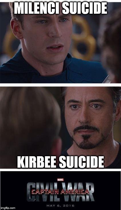 Marvel Civil War 1 Meme | MILENCI SUICIDE; KIRBEE SUICIDE | image tagged in memes,marvel civil war 1 | made w/ Imgflip meme maker
