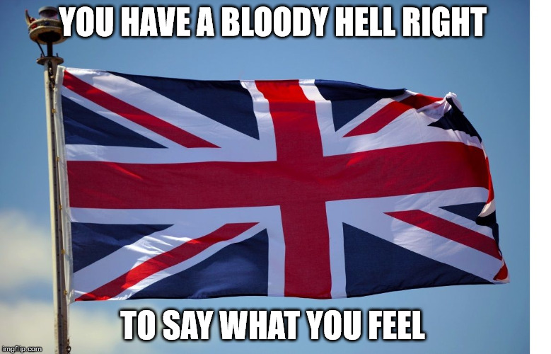Bloody well right | YOU HAVE A BLOODY HELL RIGHT; TO SAY WHAT YOU FEEL | image tagged in british flag | made w/ Imgflip meme maker