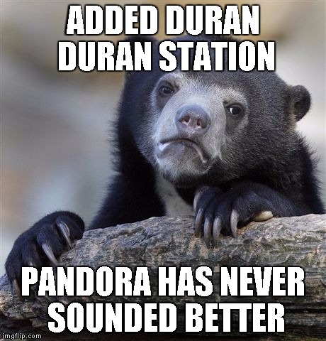Confession Bear | ADDED DURAN DURAN STATION; PANDORA HAS NEVER SOUNDED BETTER | image tagged in memes,confession bear | made w/ Imgflip meme maker