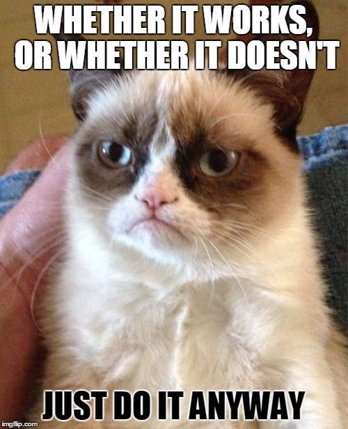 Grumpy Cat Meme | WHETHER IT WORKS, OR WHETHER IT DOESN'T JUST DO IT ANYWAY | image tagged in memes,grumpy cat | made w/ Imgflip meme maker